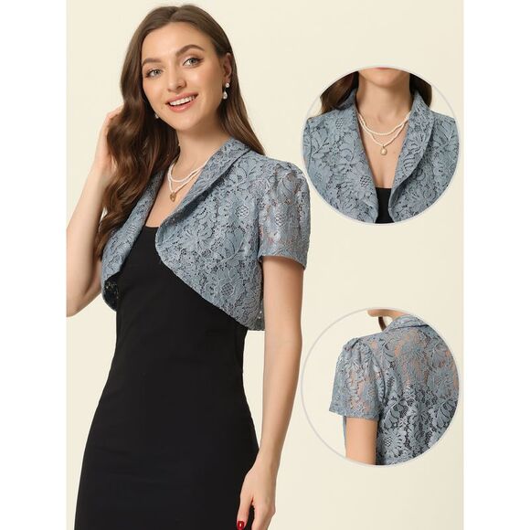 Floral Lace Shrug Work Crop Cardigan Wedding Guest Elegant Bolero Grey Blue - Picture 2 of 6